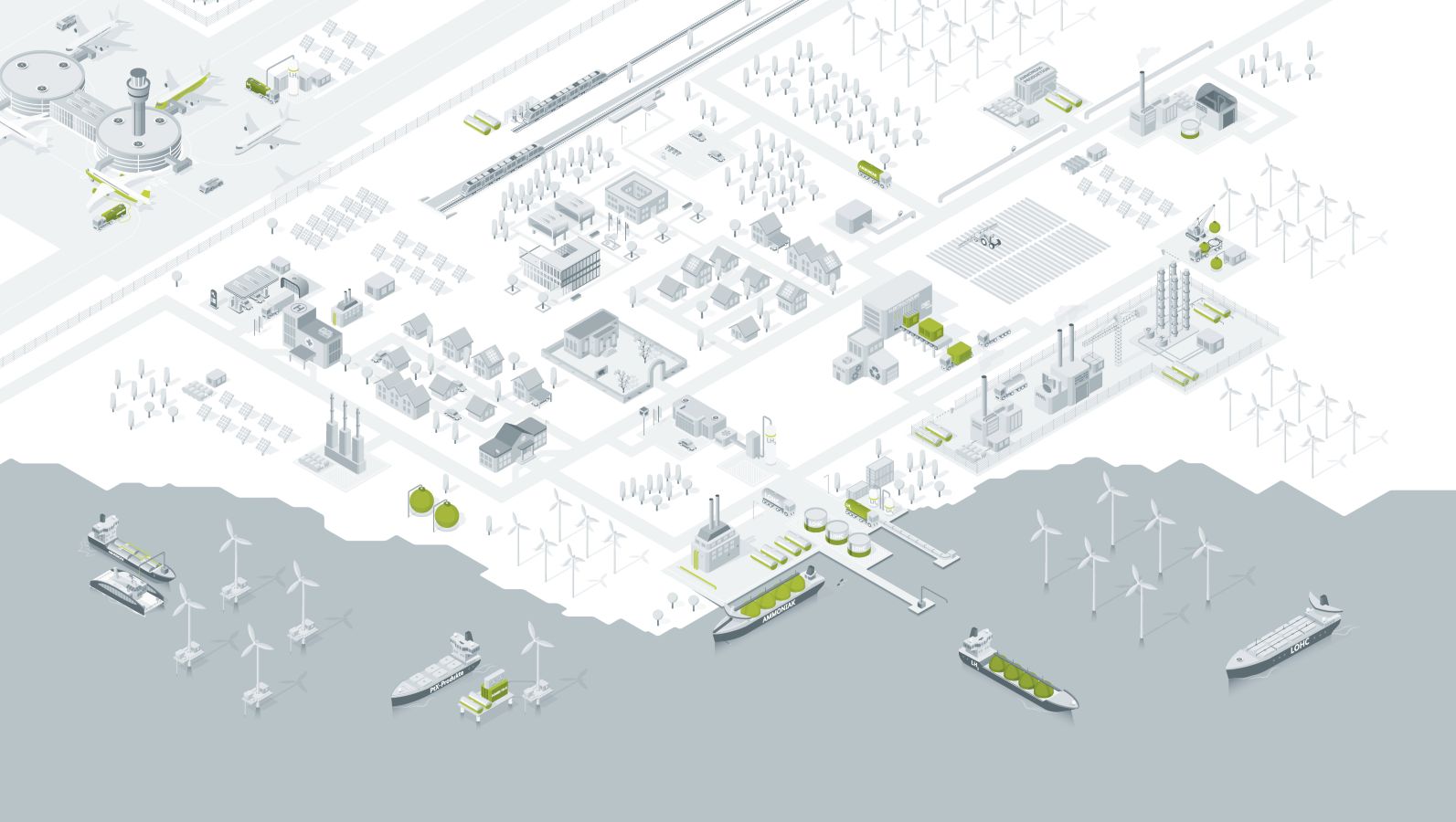 Das Bild zeigt die Karte einer fiktiven Stadt, die bereits mit Wasserstoff versorgt wird. 