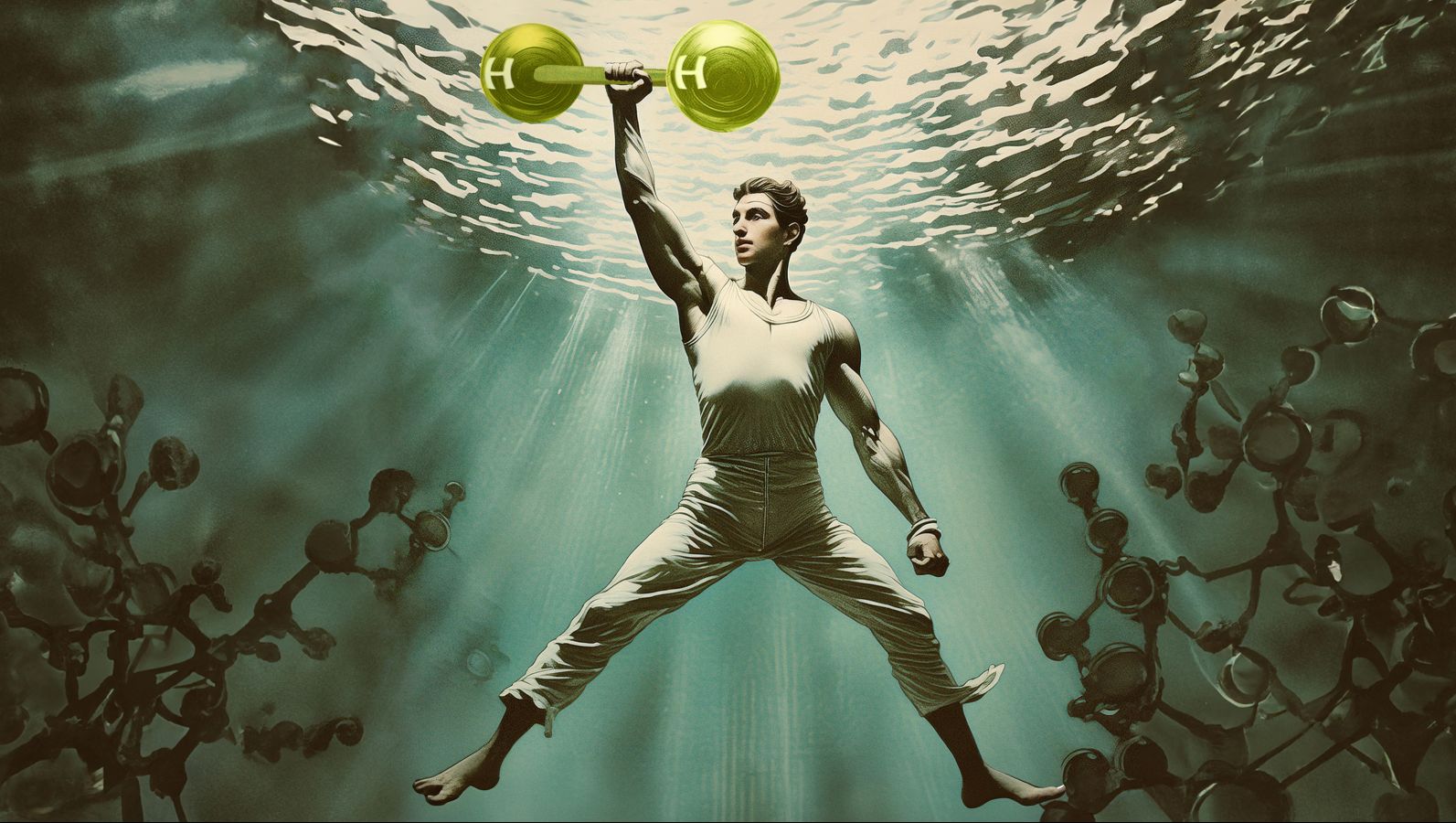 Die Grafik zeigt einen Aquaman, der statt einer Hantel ein H2-Molekül in der Hand hält. Um ihn herum Wasser und Algen, die ebenfalls aussehen wie Moleküle.